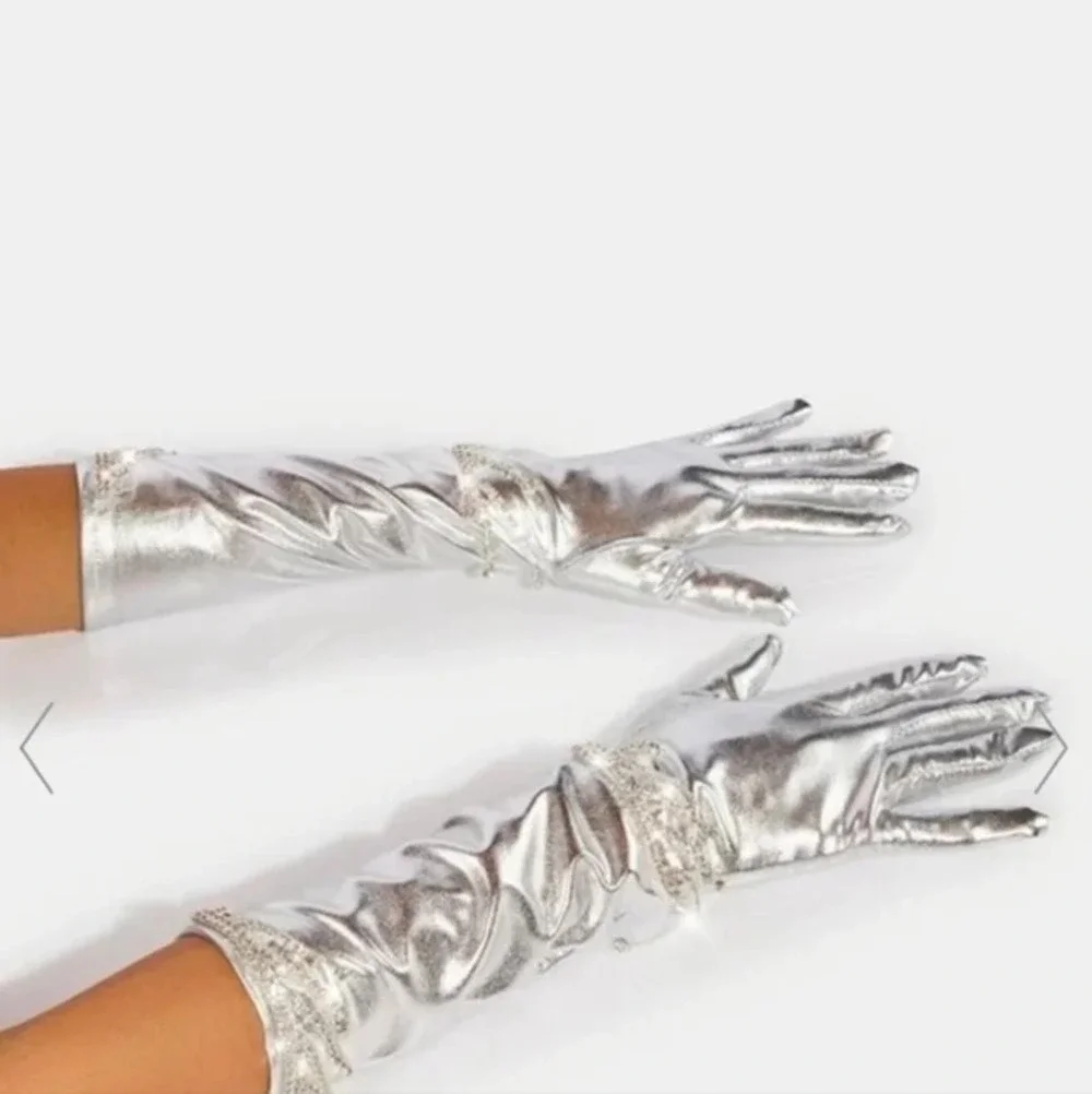 Silver Rhinestone Opera Gloves Formal Evening Satin Costume Glam Silver Gloves